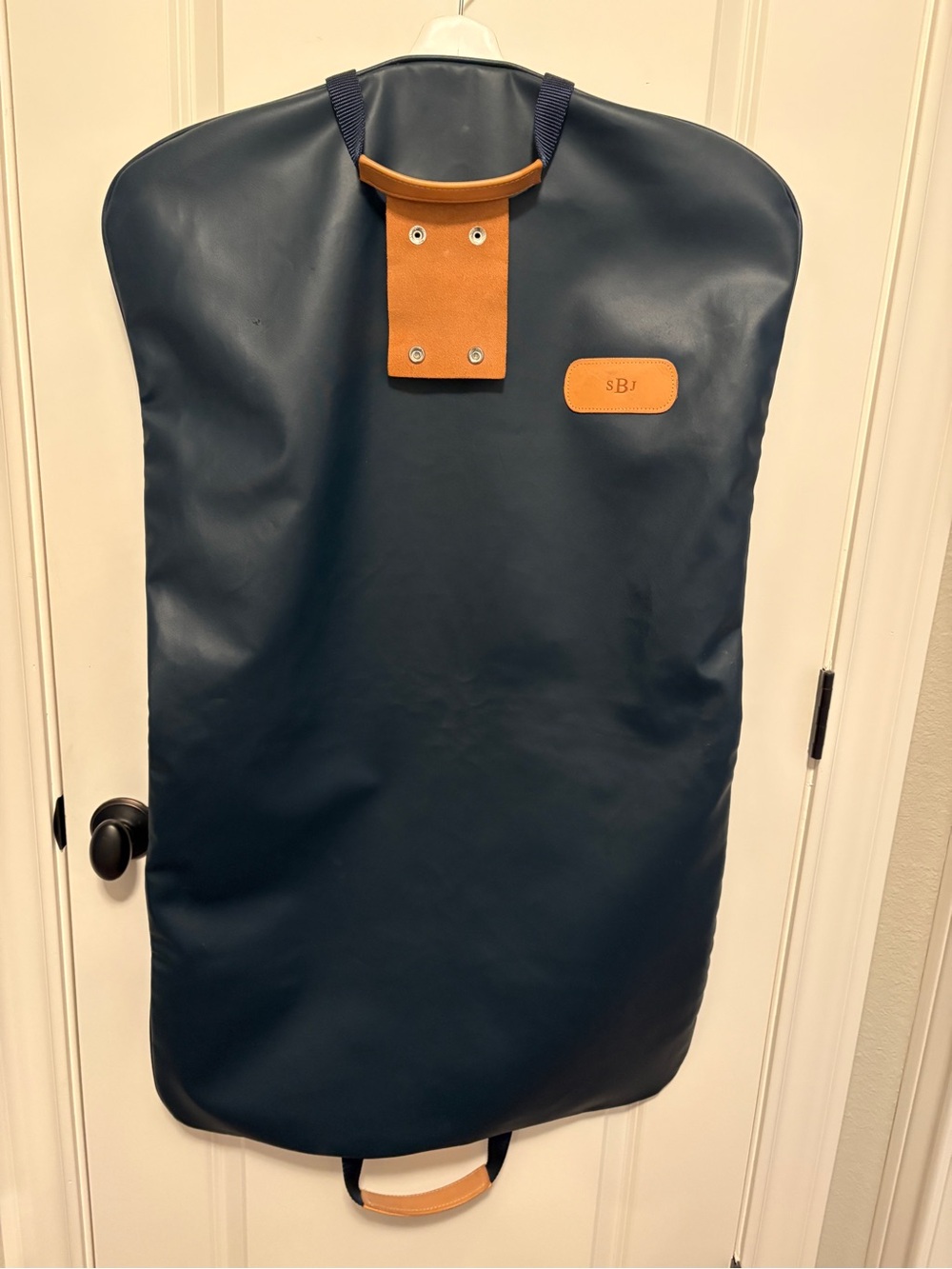 Jon Hart Design Navy Two-Suiter Garment Bag with Tan Leather Trim